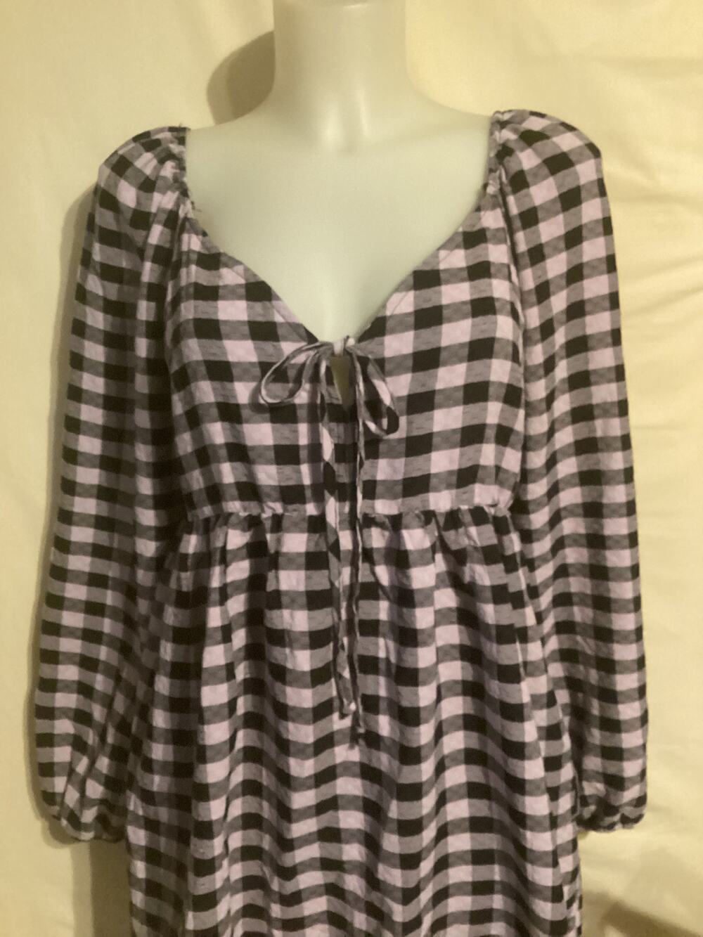 5132 WILD FABLE Women's Long Sleeve Tie-Front Muse Dress Amethyst Gingham Check
